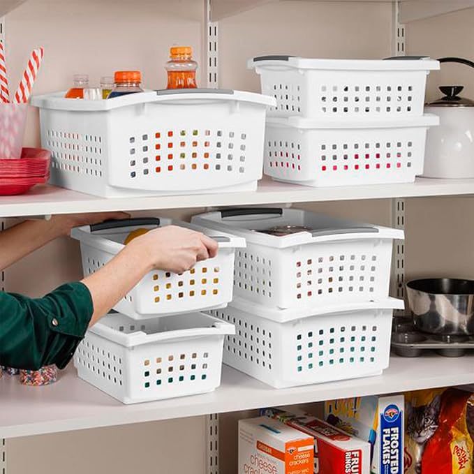 Sterilite Stackable Storage Bin and Organization Basket with Flip Down Accent Rails for Home and Household Organization, Medium, White (20 Pack)