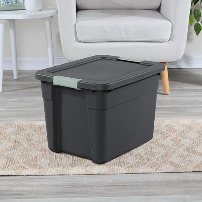 Sterilite 12 Pack Latch Tote, Stackable Plastic Storage Container, 12 Gallon, Gray/Green