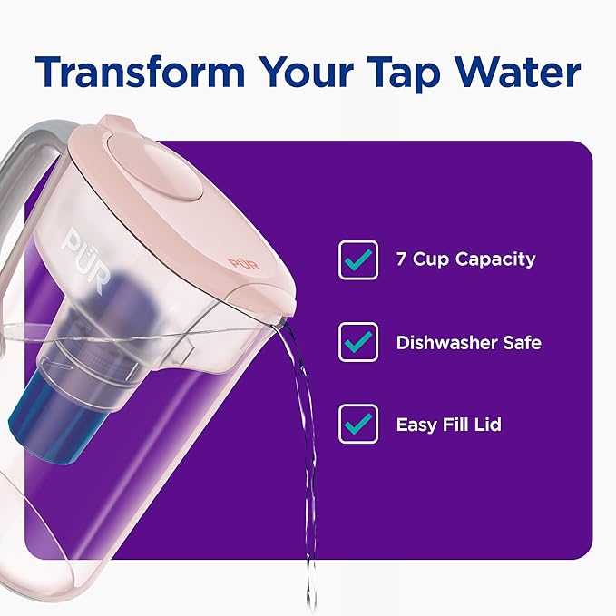 PUR 7-Cup Water Pitcher, 1 Genuine Filter, Cleaner, Great-tasting Water, Dishwasher Safe, Powerful, Faster Filtration, LockFit Cap Design - Blush