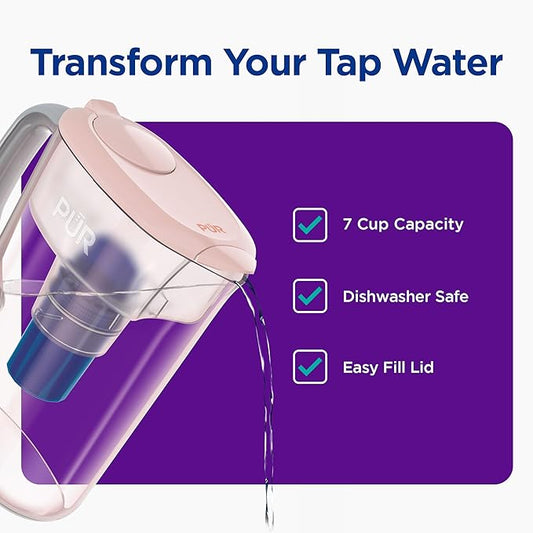 PUR 7-Cup Water Pitcher, 1 Genuine Filter, Cleaner, Great-tasting Water, Dishwasher Safe, Powerful, Faster Filtration, LockFit Cap Design - Blush