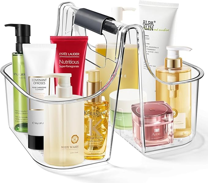 tutata Clear Caddy Organizer with Handle, Shower Caddy, Stackable Plastic Bin Basket for Bathroom, Shower, Craft organizer