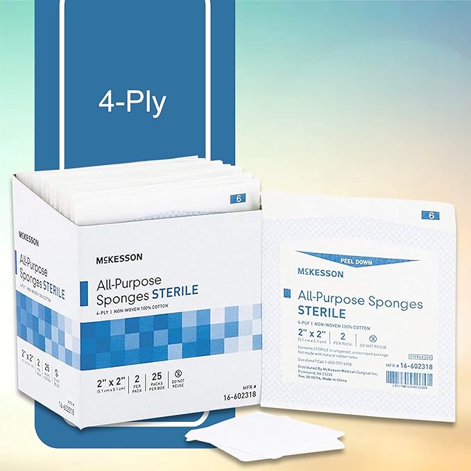 McKesson All Purpose Sponges, Sterile, 4-Ply, 100% Cotton, 2 in x 2 in, 2 per Pack, 25 Packs, 50 Total