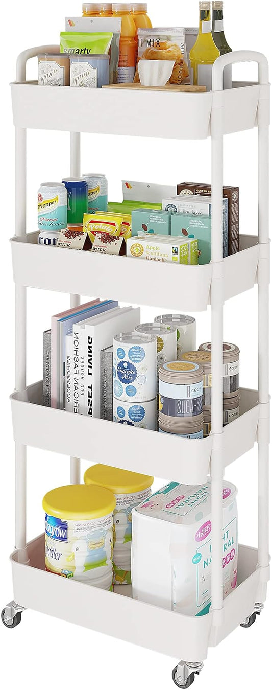 Laiensia 4-Tier Storage Carts,Multifunction Utility Rolling Cart Kitchen Storage Organizer,Mobile Shelving Unit Cart with Lockable Wheels for Bathroom,Laundry,Living Room,With Classified Sticker,White
