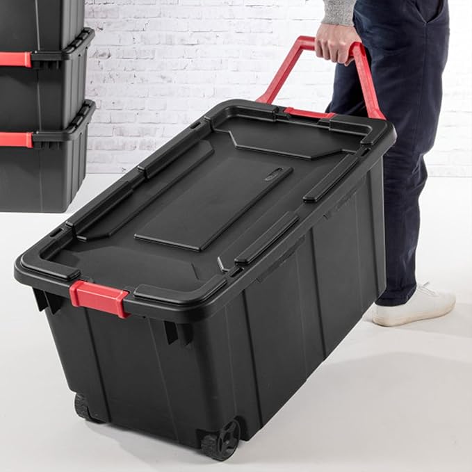 Sterilite 4-Pack Industrial Tote, Heavy-Duty Storage Bins w/Lids and Wheels, 40 Gallon - Stackable Organizing Containers for Home, Garage, Office, and Basement