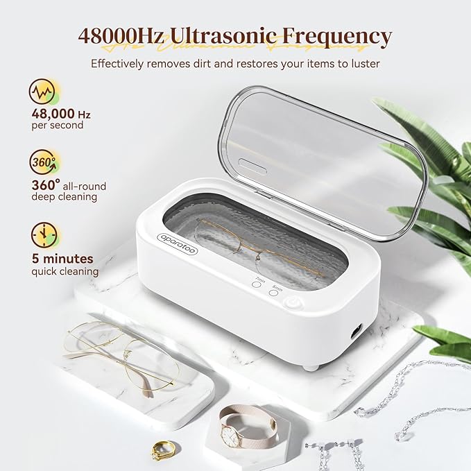 Ultrasonic Jewellry Cleaner 350ml, 47KHz Portable Professional Household Ultrasonic Cleaner Machine for Jewelry Glasses Watches Silver Rings Necklace Shavers Dentures Coins