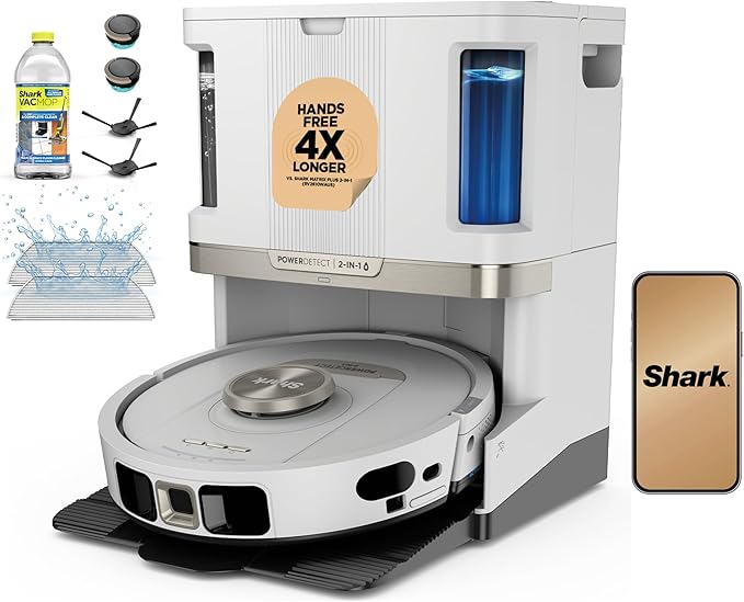 Shark Robot Vacuum & Mop Combo, PowerDetect NeverTouch Pro, Self-Emptying, Self-Refill with Self-Clean Pad Wash & Dry, 60-Day Debris Capacity, 30-Day Refill Tank, 5 Technologies, White, AV2810ZEWH