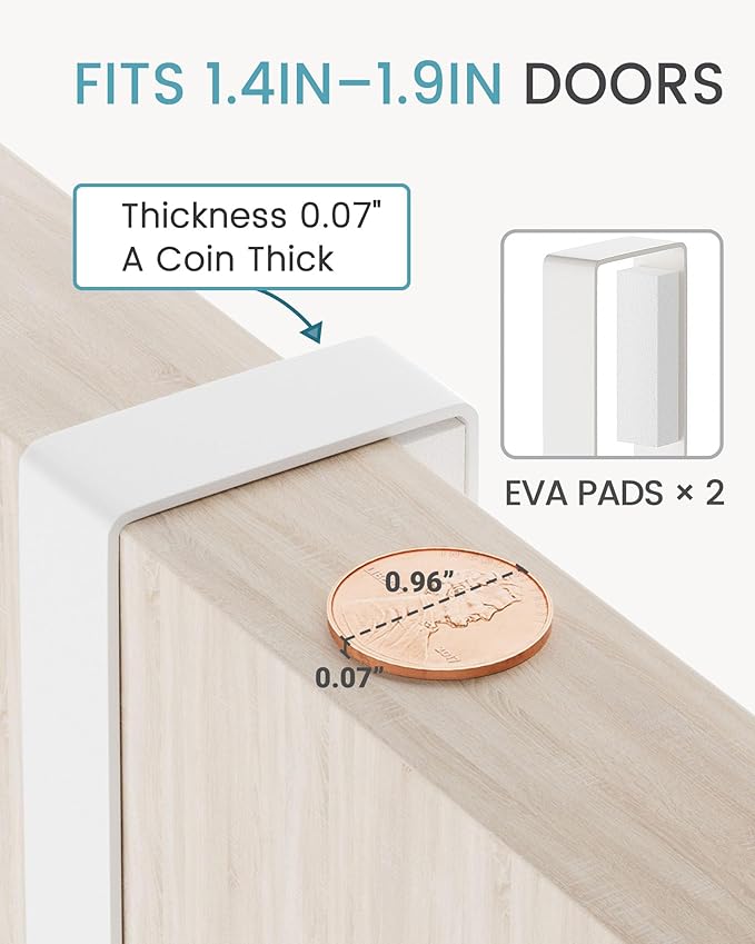 HULISEN Broom Holder Door Mount, Over the Door Broom and Mop Holder with 0.6" Thick Pads, Wood Mop Organizer Tool Hanger with 4 Racks & 2 Hooks for Laundry Cabinet Kitchen Garage, No Drills