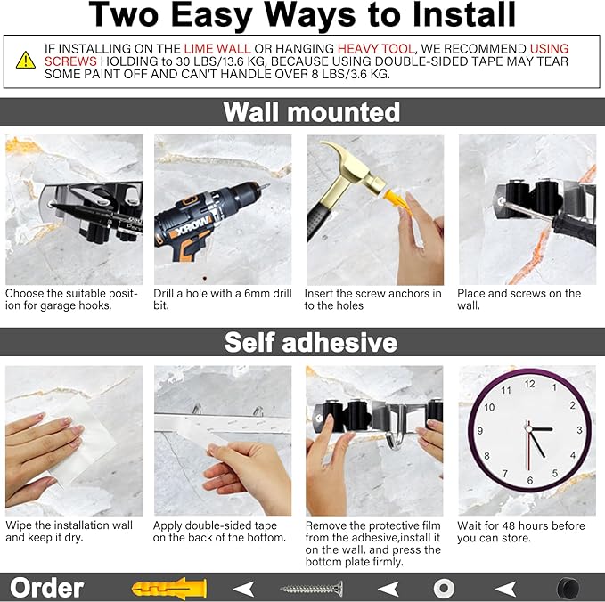 5 Racks and 4 Hooks Mop and Broom Holder Wall Mount, SUS304 Heavy Duty Broom Organizer Storage Tool Racks, Self Adhesive Solid Non-slip Tool Hangers for Home Kitchen Garden Laundry Garage