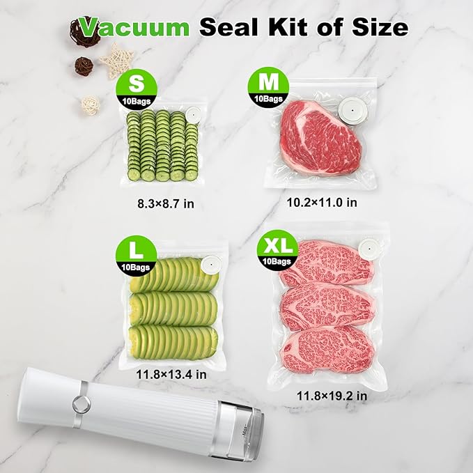 Vacuum Sealer for Food (Compact Vacuum Sealer Machine + 40 Reusable Vacuum Bags), Handheld Vacuum Food saver for 10X Preservation & Fresh, Powerful 80Kpa Portable Vacuum Sealer With 2 Seal Clips