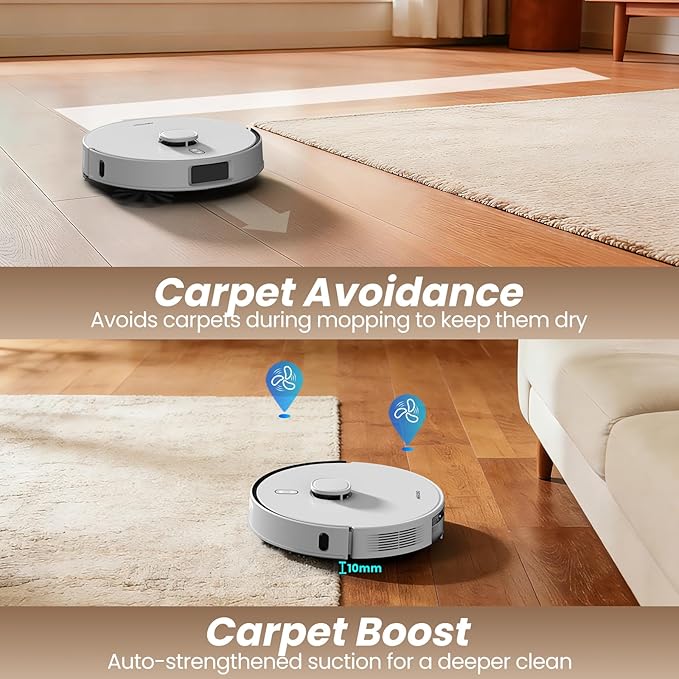 AIRROBO T30+ Robot Vacuum and Mop, 75-Day Self-Emptying, 12,000Pa Suction, Active Intelligent Obstacle Avoidance, Tangle-Free Brush, Carpet Avoidance, LiDAR Navigation, Smart Mapping, White