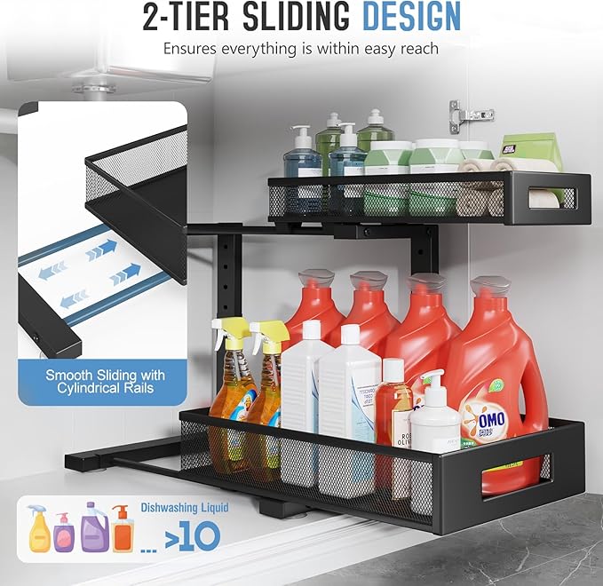 1 Pack-11.4"-16.14"H Under Sink Storage Organizer, Large 2-Tier Elegant Mesh Pull Out Shelf for Kitchen and Bathroom Cabinet Organization, L-Shaped and Adjustable Height Design for Maximum Space-Black