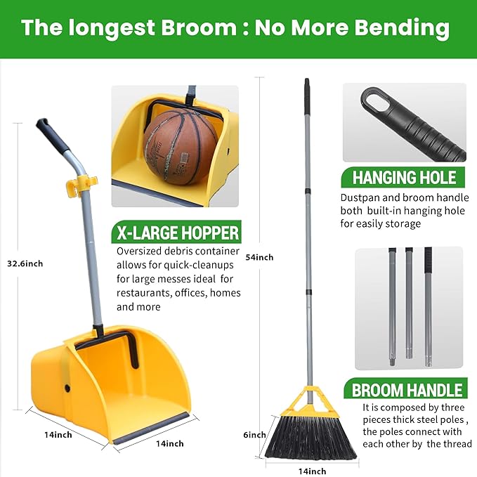 Commercial Broom and Dustpan Set Debris Dustpan with Handle,Jumbo Debris Pan, Trash Collection for Industrial/Professional Cleaning,2Sets, Yellow,Extra Big Size
