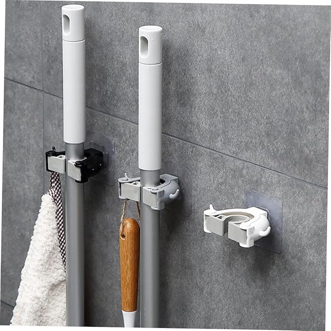 Garneck 4pcs Mop and Broom Holder Wall Mounted Mop Broom Hanger Clip Seamless Hook Home Organizer