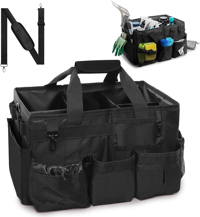 Large Cleaning Caddy Bags, Cleaning Supplies Organizer with Handle & Adjustable Shoulder Straps, 14.7-inch Black Tool Bag, Cleaning Bags for Housekeepers, Cleaners, Gifts