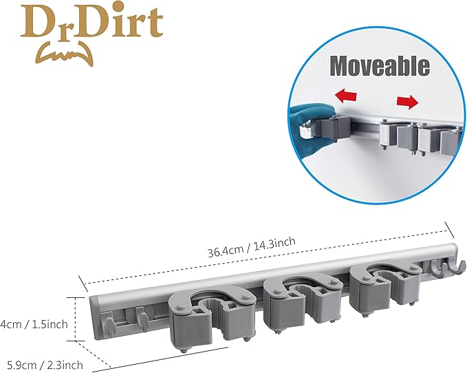 DrDirt Broom Holder Wall Mount, Heavy Duty Aluminum Mop and Broom Organizer with 3 Slots and 4 Hooks, Wall Mounted Storage for Kitchen, Bathroom, Laundry Room, Garage, Closet