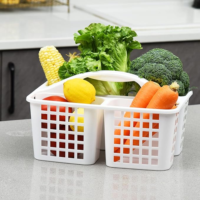 Haundry 3 Compartments Plastic Shower Caddy Basket, Portable Divided Cleaning Supply Storage Organizer with Handle (White)