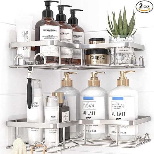 Corner Shower Caddy - 2 Pack, Adhesive Shower Organizers, Rustproof Stainless Steel Shower Shelves with 8 Hooks, No Drilling Bathroom Organizers and Storage Racks, Space-Saving, Silver, Medium