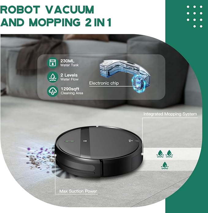 Robot Vacuum for Pet Hair, 2-in-1 Vacuum & Mop Combo with Tangle-Free Suction & Smart 3D Avoidance, App/Wi-Fi/Alexa, Ultra-Slim & Quiet, Self-Charging for Hard Floors and Low-Pile Carpet