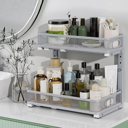 Under Sink Organizer, High Adjustable 2 Tier Under Sink Organizers and Storage, Slide Out Metal Cabinet Organizers, Pull Out Sink Storage Drawer Shelf for Kitchen Bathroom Cabinet, Grey, 1 Pack