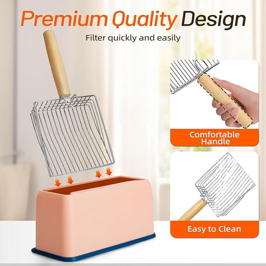 Metal Cat Litter Scoop Kitty Metal Scooper with Hook and Hole, Heavy Duty Stainless Steel Shovel with Wooden Stainless Steel Kitten Poop Lifter for Litter Box(Gray)