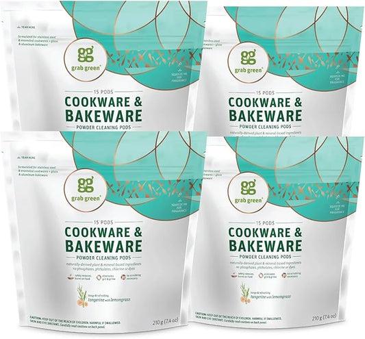 Grab Green Cookware and Bakeware Cleaner Pods, 60 Pods, Tangerine Lemongrass Scent, Plant and Mineral Based, Removes Burnt-On Food, Eliminates Stains