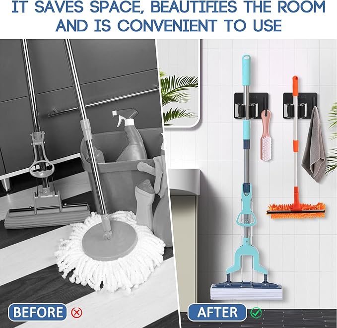 Mop Broom Holder Wall Mount, Stainless Steel, Rust Resistant, Heavy Duty, No Drill,Self-adhesive Broom Holder Wall Mount with Hooks 4Pcs for Bathroom, Kitchen, Garage, Black