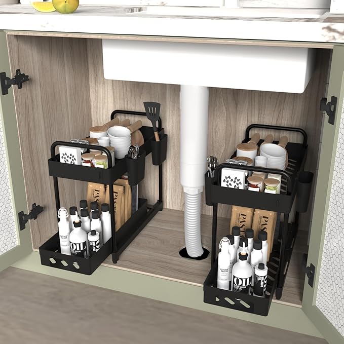 2 Pack Double-Layer Under Sink Organizer for Efficiently Utilizing Space, High Capacity and Space Saving, 2 Tier Sliding Under Sink Shelf with 4 Hooks and a Cup Slot(Black)