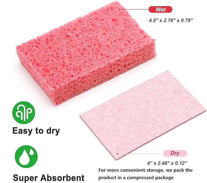 Cellulose Sponges,Heavy Duty Scrub Kitchen Sponge,Clean Tough Messes Without Scratching Sponges Kitchen,Pop Up Eco Sponges DIY Pink (6 Pack)