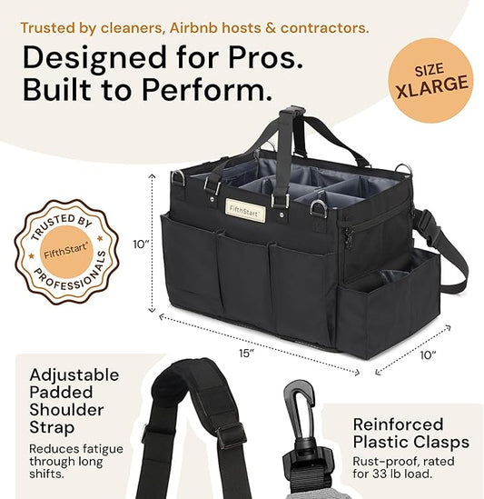 FifthStart Cleaning Supplies Organizer Tote & Caddy - X-Large, Black Nylon - Adjustable Straps for Cleaning Tote - 9 Pockets & Dividers in Organizer Bag - Durable Nylon Construction for Diaper Caddy