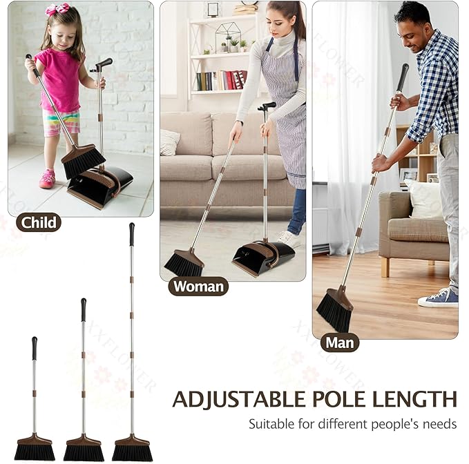 Broom and Dustpan Set with Long Handle, Light Weight Stainless Steel Poles Stand Upright Dustpans with Broom Combo for Home Kitchen Office Pet Dog Hair, 1-Pack (Black Brown)