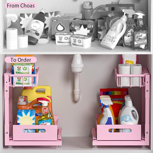 2 Pack Pro Under Sink Organizer Storage: Premium Metal 2-Tier Pull-Out Wire Basket Organizer, L Shape Height Adjustable, Easy Installation | Kitchen & Bathroom Cabinet Organizers