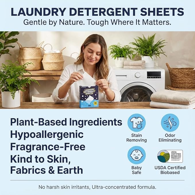Laundry Detergent Sheets 120 Loads, Fresh Linen Scent, No Plastic No mess, Pre-Measured for Deep Clean Hypoallergenic, Space Saving, easy for Dorm House, Travel essentials, Quick Dissolve, 60 Ct