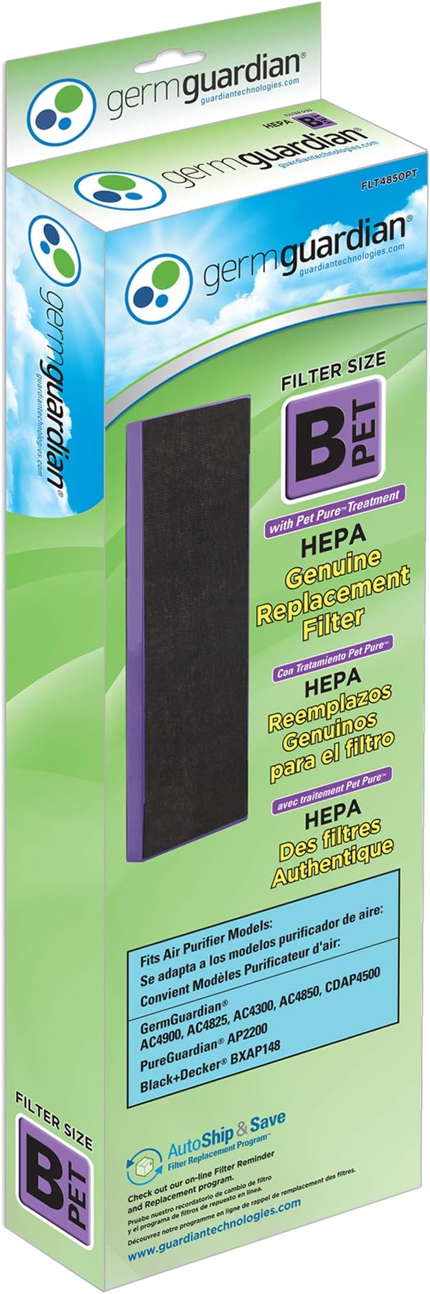 GermGuardian Pet Pure HEPA Genuine Replacement Filter B, Removes 99.97% of Pollutants for AC4825, AC4820, AC4850, AC4870, CDAP4500, AC4900, AC4300, AP2200, 4- Pack, Black/Purple, FLT4850PT4PK