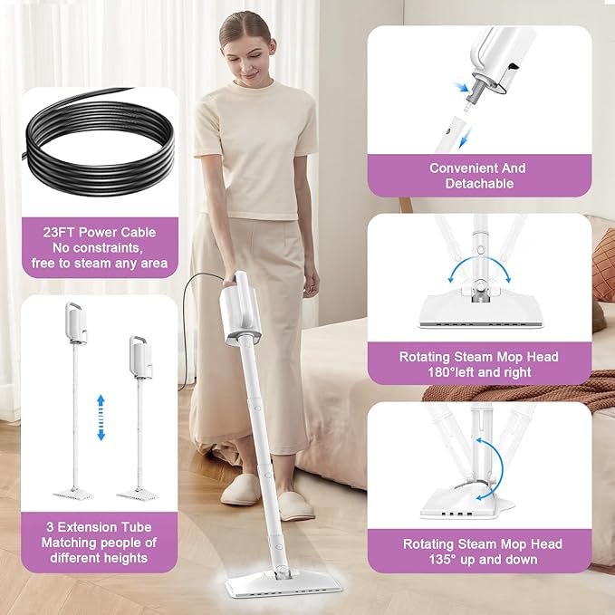 7-in-1 Steam Mop, 1200W Rotated Steam Cleaner for Home, 2 Modes, 400ML Removable Tank, 23FT Power Cord, 2 Pads, Multi-Surface Steamer for Hard Floor, Laminate Floor, Tiles Cleaning (Snow White)