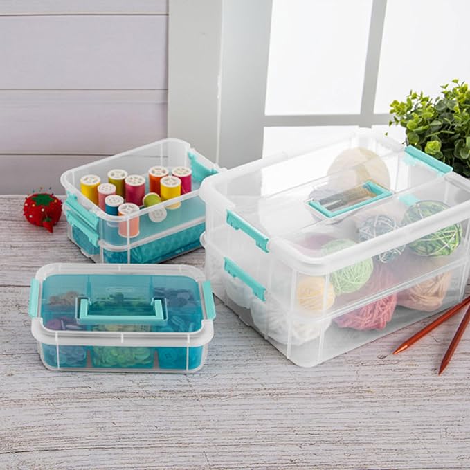 Sterilite 6 Pack Plastic Storage Box Container, 3 Layer, Stack and Carry, Clear/Blue