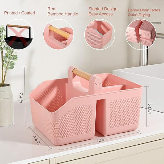 rejomiik Shower Caddy Portable with Bamboo Handle, Plastic Basket Cleaning Caddy Organizer Storage Tote for Bathroom, College, Dorm Room Essentials, Pink