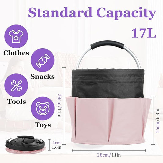17L Cleaning Supply Caddy for Family, Portable Shower Caddy with Handle and 6 Pockets, Foldable Tool Bucket Organizer, Large Storage Basket for Camping, Gardening, Black with Pink