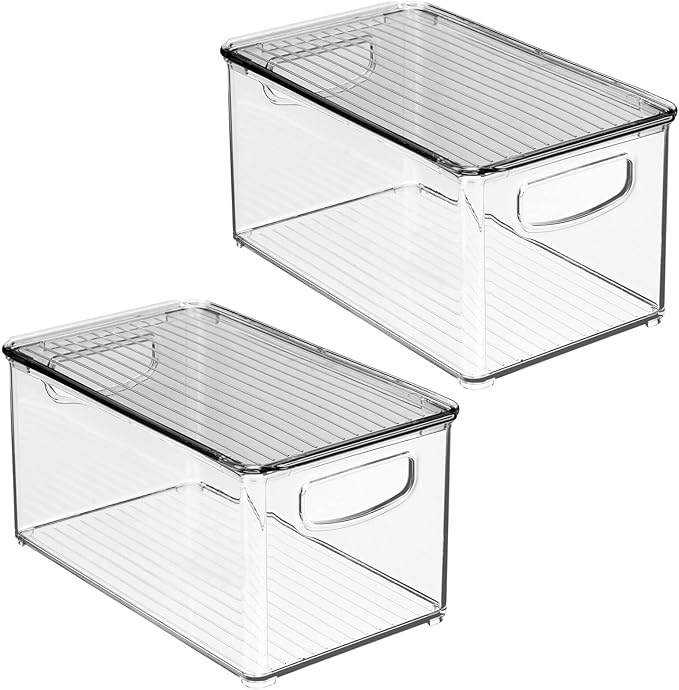 mDesign Deep Plastic Bathroom Storage Bin Box, Lid/Built-in Handles, Organization for Makeup, Hair Styling Tools, Toiletry Accessories in Cabinet, Shelves, Ligne Collection, 2 Pack, Clear/Smoke Gray