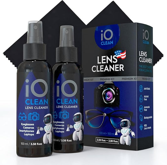 Eyeglass Lens Cleaner (3.38oz+3.38oz+2cloths) – Kit for Glasses, Screens, Camera, Laptops, Touchscreens, Computer Monitors, Other Electronics – 2 Microfiber Cloths Inluded