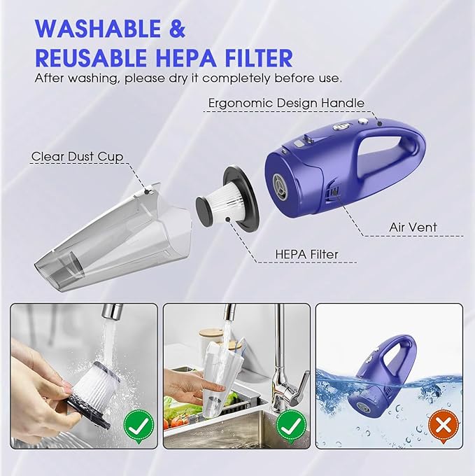 Handheld Vacuum Cordless Rechargeable – 6000Pa Mini Hand Held Vacuum, LED Light, 20–25 Mins Runtime, USB Charging, 500ML Cup – Lightweight Small Vacuum Cleaner Cordless for Car/Office/Home