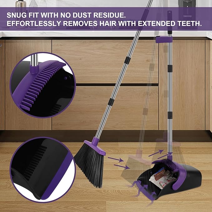 Large Broom and Dustpan Set, Purple Broom with Dustpan Combo Set, 55" Long Handle Broom, Self Cleaning Dustpan, Ideal for Home and Dog Cat Pets