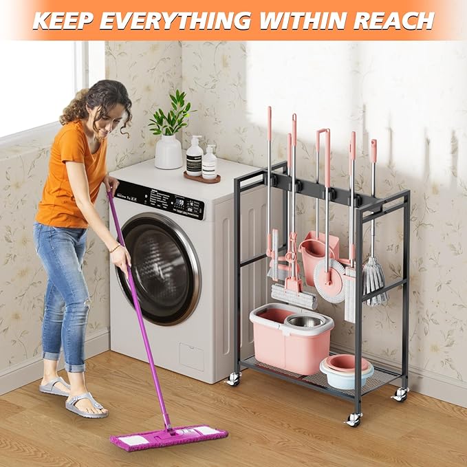 Broom and Mop Holder, Broom Closet Storage Cabinet, Cleaning Cart with Broom and Mop Hanger, Janitorial Cart with Wheels for Household, Laundry Room Organization