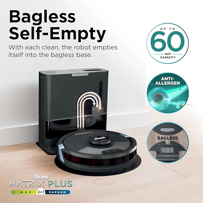 Shark RV2610WA AI Ultra 2in1 Robot Vacuum & Mop with Sonic Mopping, Matrix Clean, Home Mapping, HEPA Bagless Self Empty Base, CleanEdge Technology, for Pet Hair, WiFi, Black/Silver (Renewed)