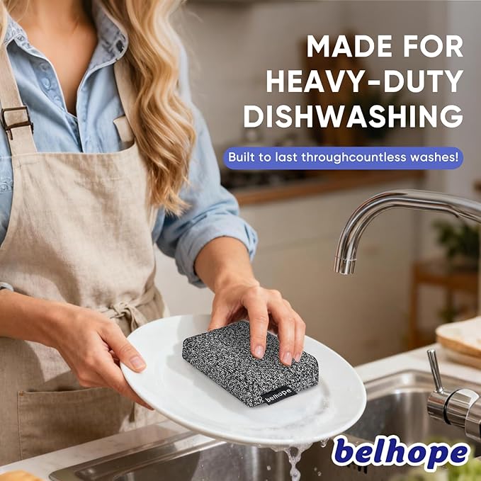 Belhope Heavy Duty Kitchen Sponges - Lasts 20x Longer, Heat Resistant & Cut Proof Scratch-Free, Safe for Non-Stick Cookware Versatile Household, Bathroom & Outdoor Cleaning Supplies (3, Grey)
