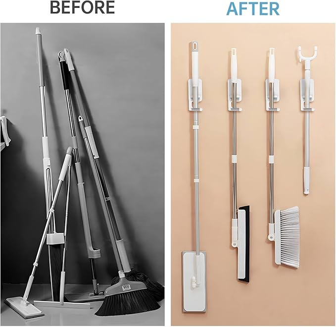 NiHome Multi-Use Wall Mounted Mop Holders 4PCS for Mops, Brooms, Tools, Umbrellas, Kitchen & Bathroom Supplies, Space-Saving Broom Holder with 180° Rotating Design, Self-Adhesive No-Drill Installation