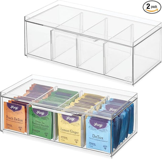 iDesign Stackable 4-Section Tea Storage Drawers - Tea Bag Organizers for Cabinet or Countertop - Set of 2 - Clear