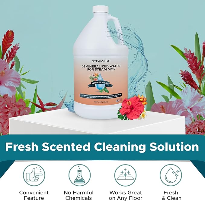Steam & Go Demineralized Water for Steam Cleaner - PVC-Free Floor Cleaning Solution Compatible for All Steam Mops - Multi-Surface Cleaner for Home Surfaces - Tropical Bloom Scent, 128 Fl oz