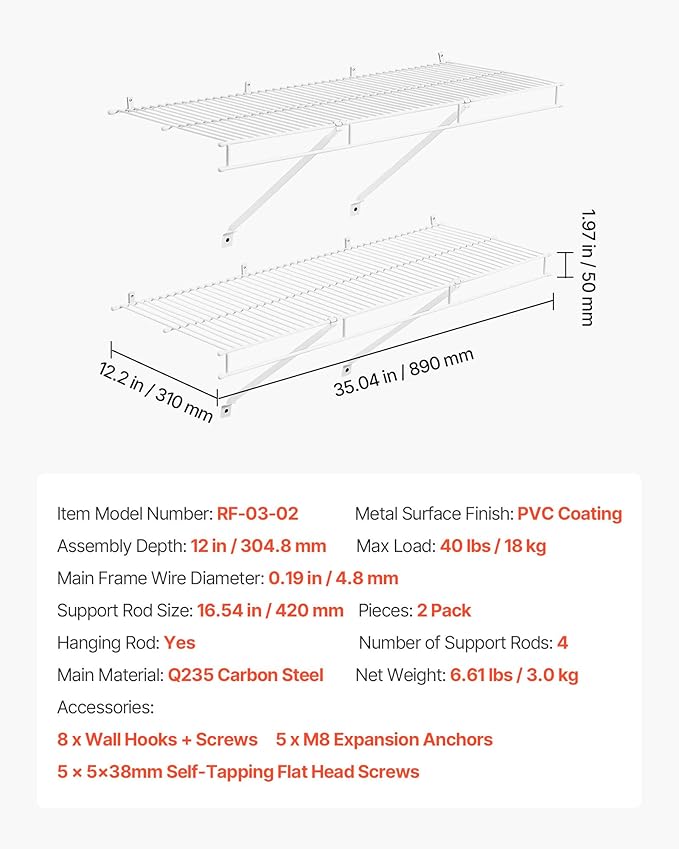 VEVOR Wire Shelf Kit, 3 ft, Set of 2, Wall Mounted Wire Shelves, Heavy-Duty Carbon Steel Hanging Shelf, Floating Wall Storage Shelves with Dip Coating, for Closet, Bedroom, Living Room, Office, Pantry