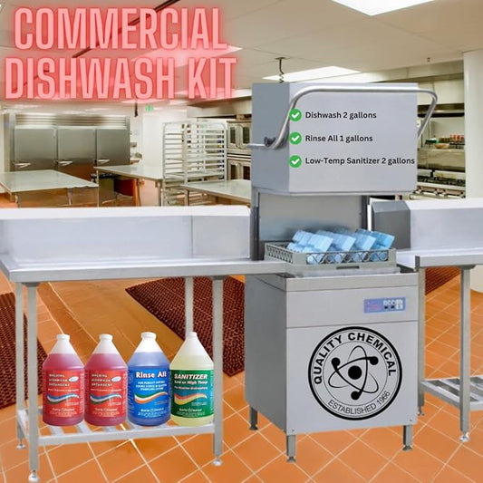 Quality Chemical Commercial Dishwashing Kit/4 Gallon Combo Pack - Dishwash (2 Pack), Rinse All (1 Pack), Chloro Guard Low Temp (1 Pack)/Food Grade Sanitizer for Restaurant Dishwasher Sanitizer