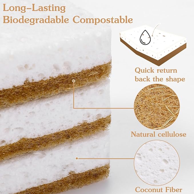 36pcs Natural Kitchen Sponge Eco Friendly Dish Sponges for Kitchen Compostable Coconut Scrubber Sponge Scrubbing Sponges for Dishes Household Cleaning Foam Non Scratch Dishwashing Scrubber